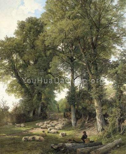 Sheep resting in a woodland glade, a traveller looking on - 弗雷德里克·威廉·休谟
